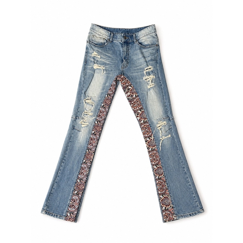 Smoke Rise Mens Distressed Paisley Panel Slim Fit Jeans Blue Light Wash Size 34